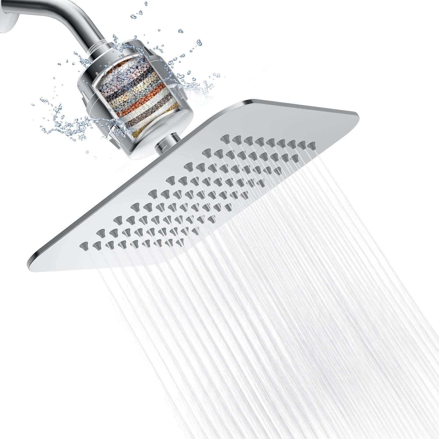 VXV 8" Filtered Rainfall Shower Head, 20 Stages Shower Filter, High Pressure Filtered Shower Head for Hard Water, Powerful Shower Head with Filters, Chrome