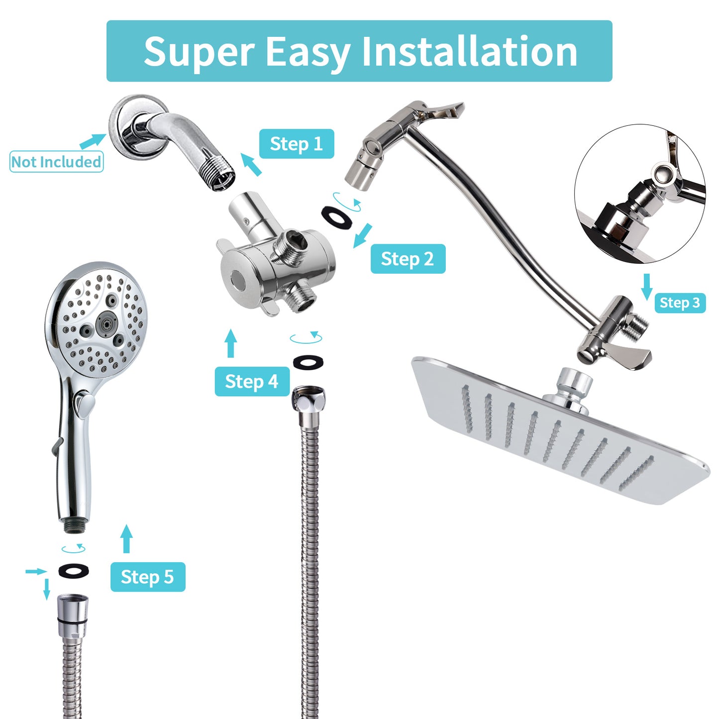 VXV 7-setting shower Head, 8” Rain Shower Head with Handheld Spray Combo, 11" Extension Arm Height Adjustable, High Pressure Shower Heads