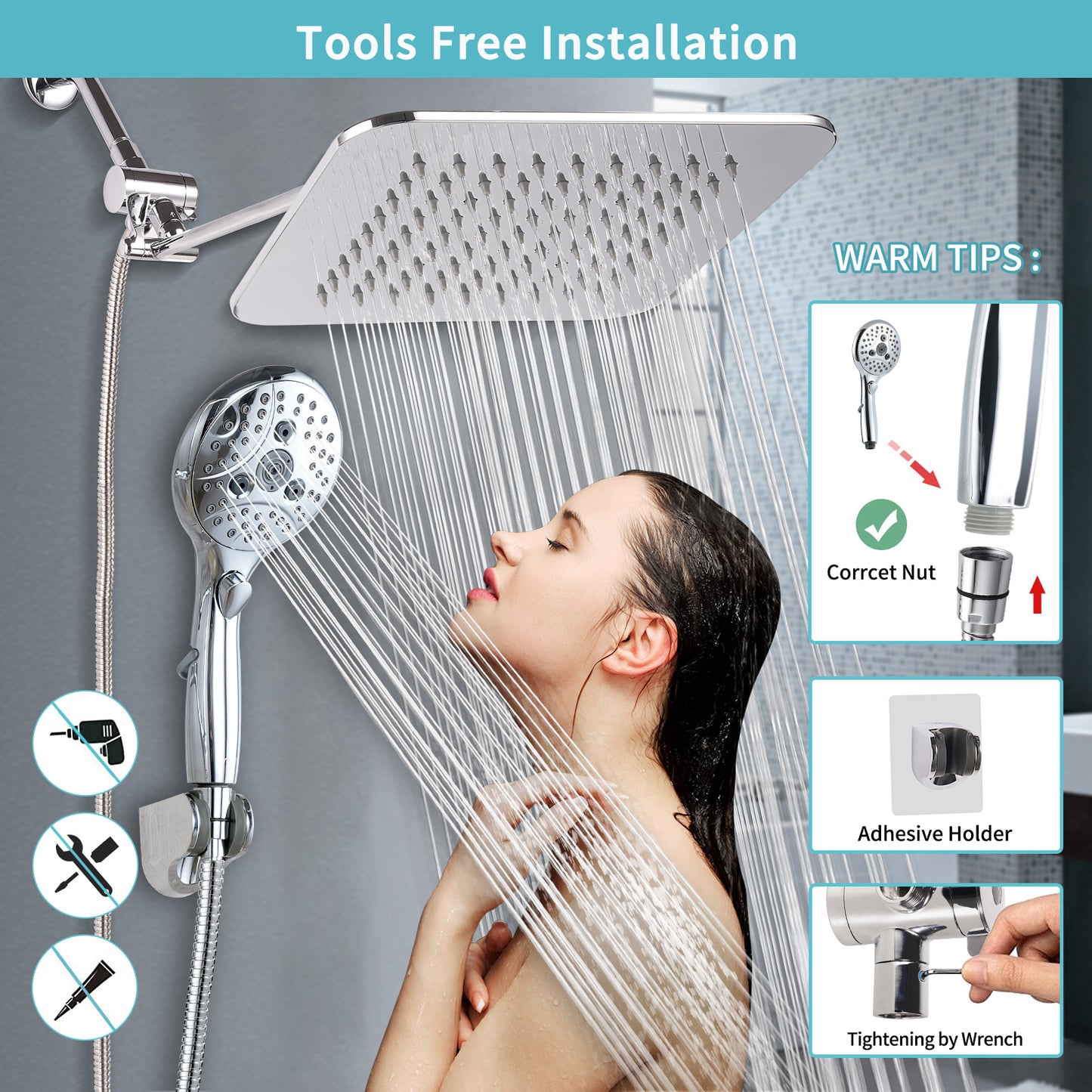 VXV 7-setting shower Head, 8” Rain Shower Head with Handheld Spray Combo, 11" Extension Arm Height Adjustable, High Pressure Shower Heads