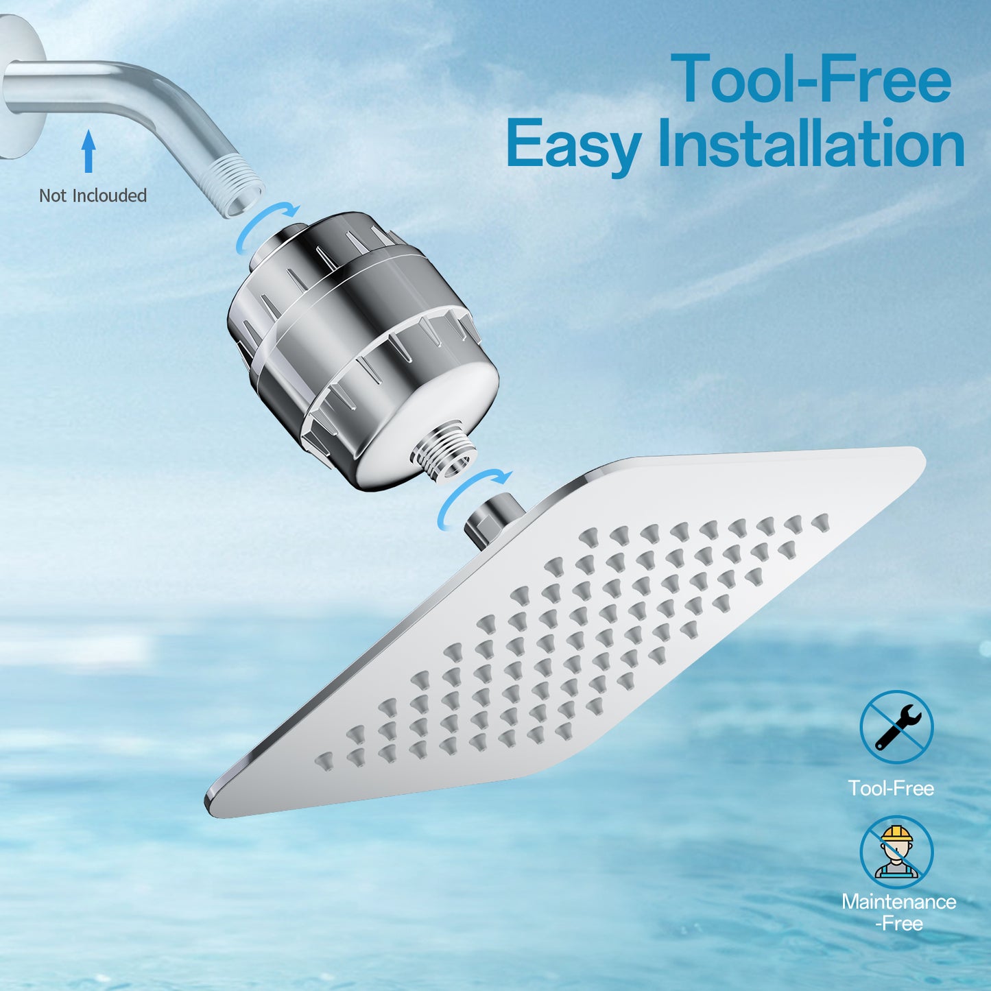VXV 8" Filtered Rainfall Shower Head, 20 Stages Shower Filter, High Pressure Filtered Shower Head for Hard Water, Powerful Shower Head with Filters, Chrome