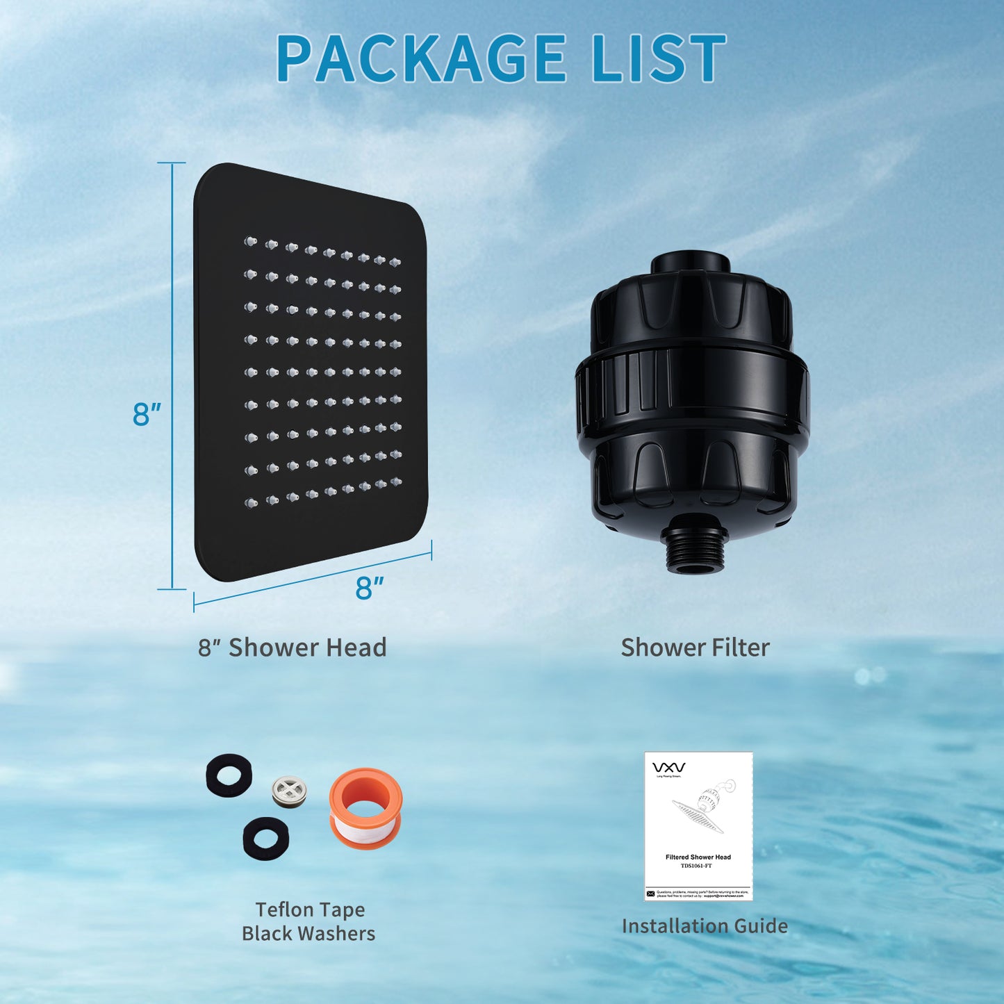 VXV 8" Filtered Rainfall Shower Head, 20 Stages Shower Filter, High Pressure Filtered Shower Head for Hard Water, Powerful Shower Head with Filters, Chrome