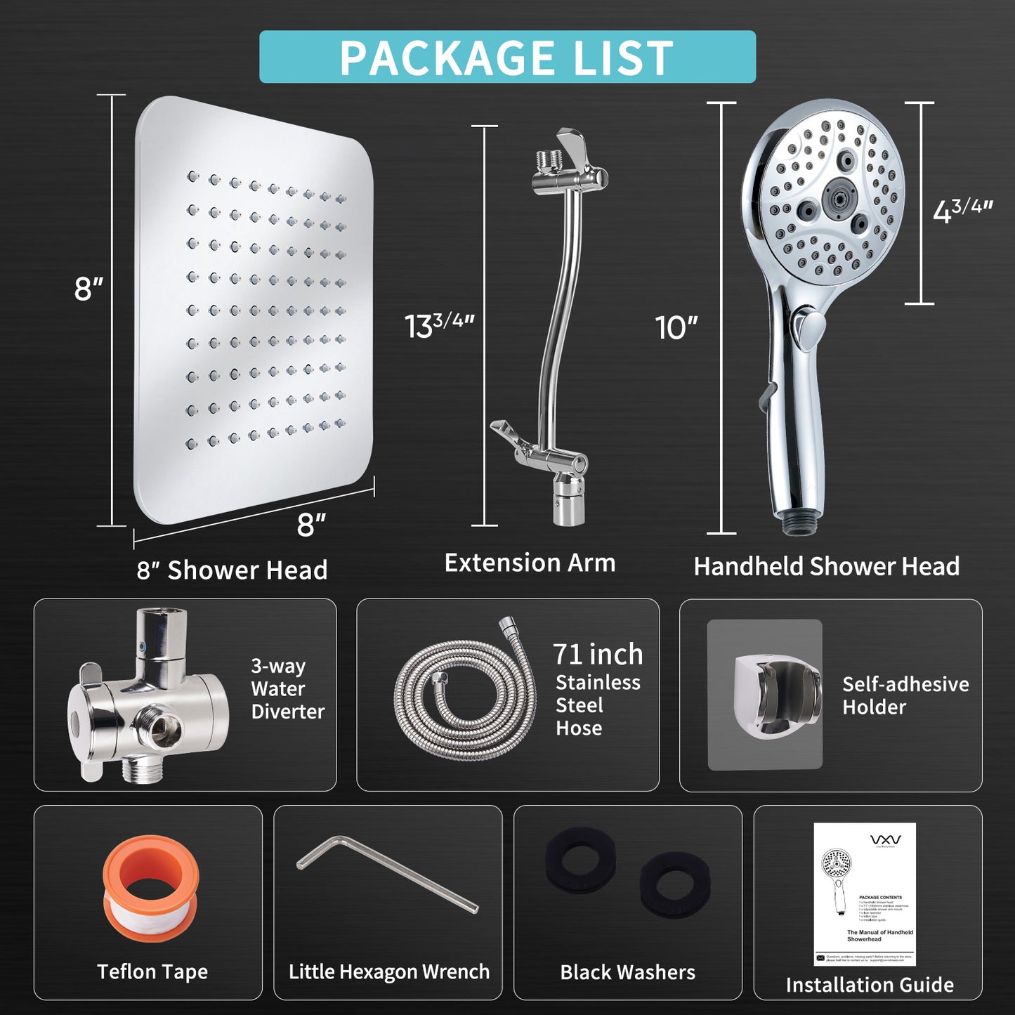 VXV 7-setting shower Head, 8” Rain Shower Head with Handheld Spray Combo, 11" Extension Arm Height Adjustable, High Pressure Shower Heads