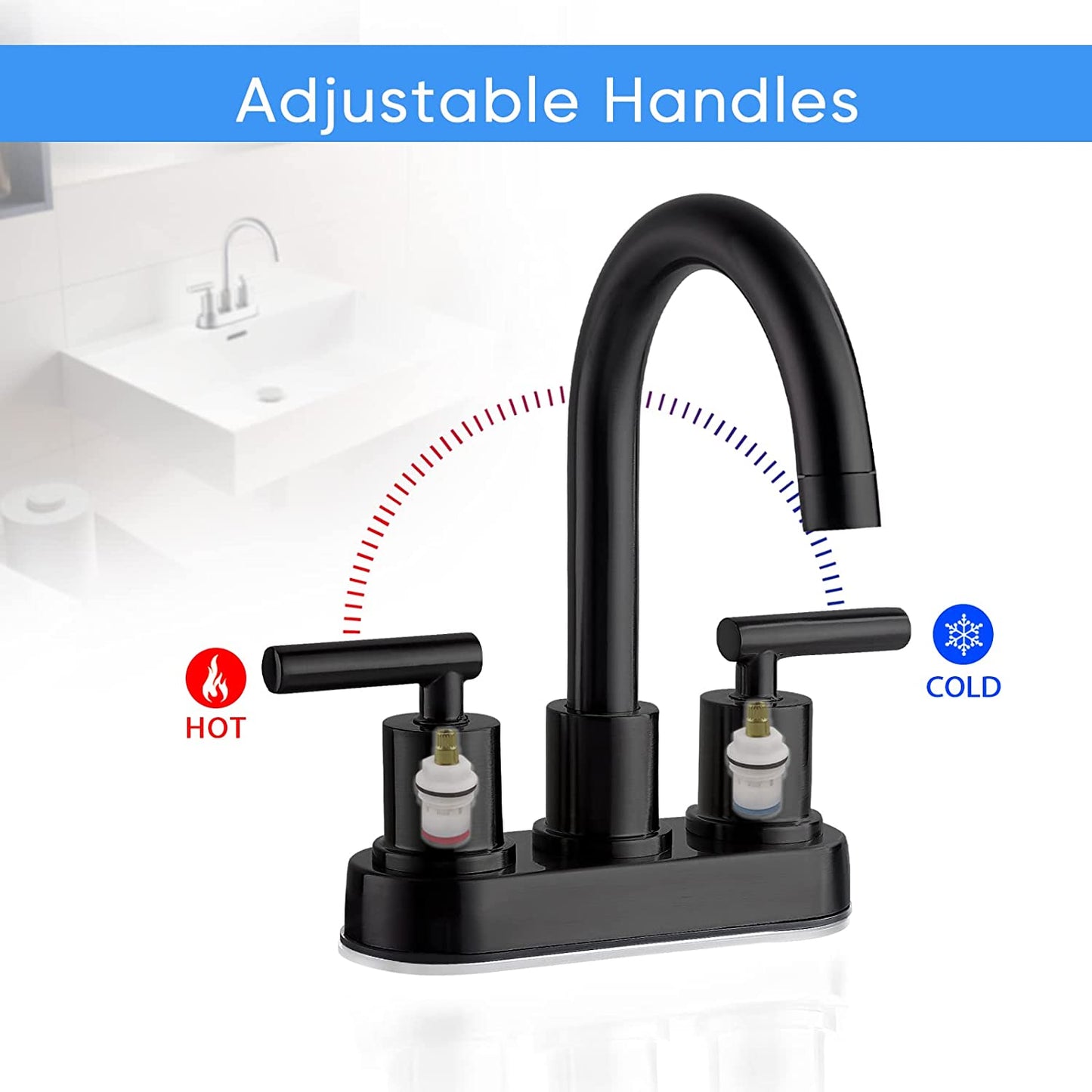 VXV Bathroom Sink Faucet 4 Inch 2 Handle Centerset Lavatory Vanity Faucet Modern 360 Rotating Black Bathtub Water Tub Faucet with Pop-up Drain Stopper Assembly and Supply Lines Fit 2 or 3 Hole