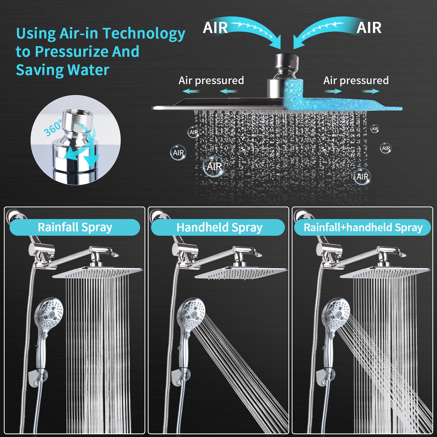 VXV 7-setting shower Head, 8” Rain Shower Head with Handheld Spray Combo, 11" Extension Arm Height Adjustable, High Pressure Shower Heads