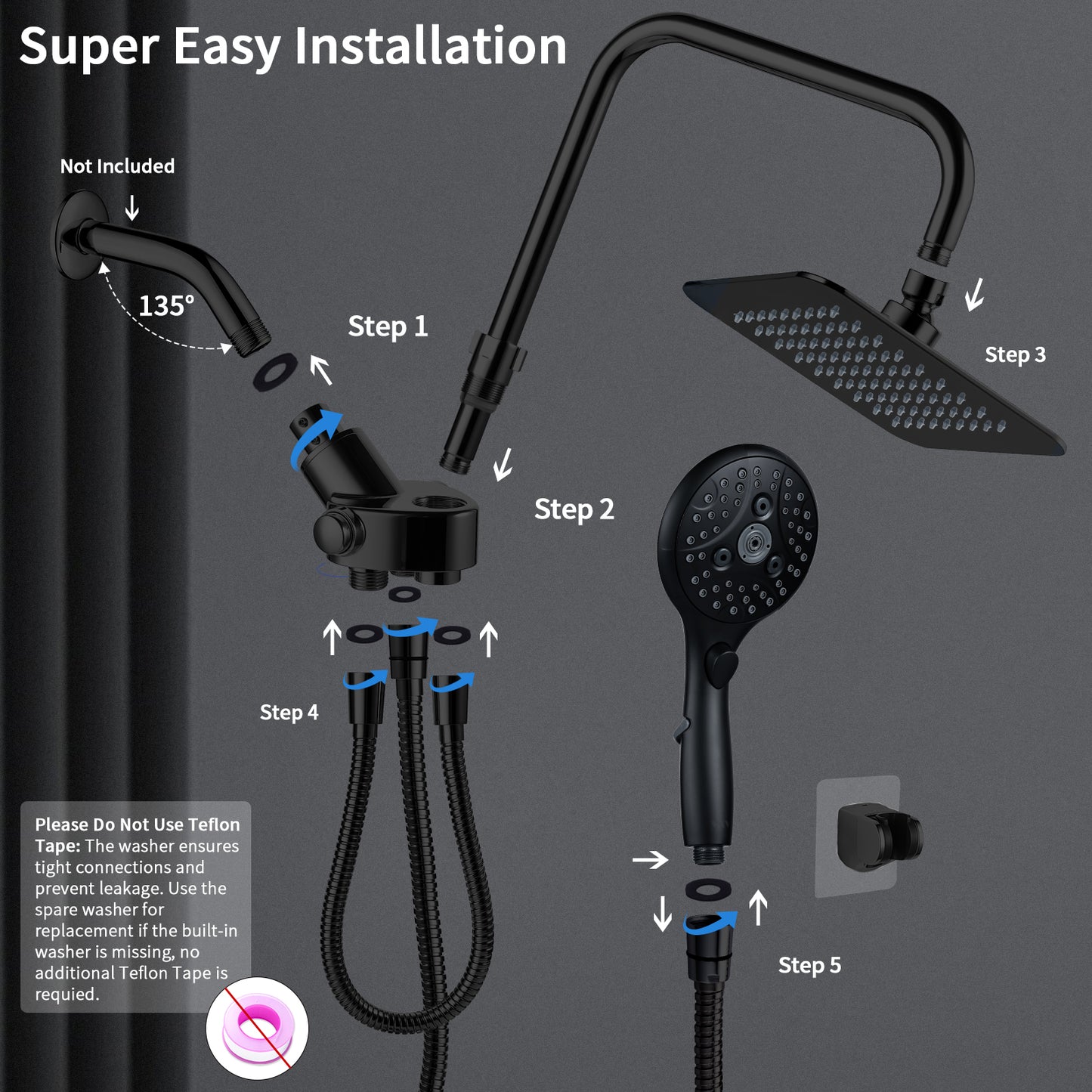 VXV Shower Head 8" Rain Shower Head with Handheld Spray Combo 6 Settings, High Pressure Shower Heads, 71" Shower Hose