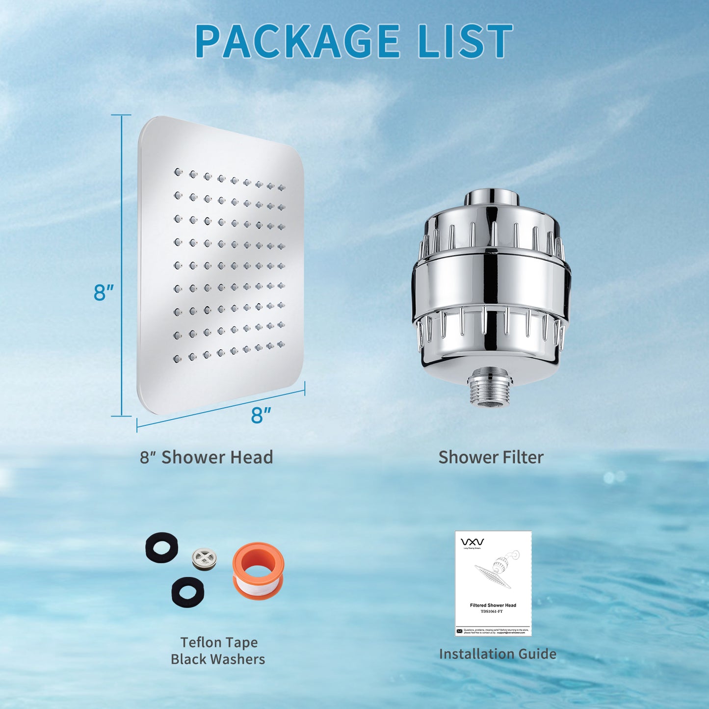 VXV 8" Filtered Rainfall Shower Head, 20 Stages Shower Filter, High Pressure Filtered Shower Head for Hard Water, Powerful Shower Head with Filters, Chrome