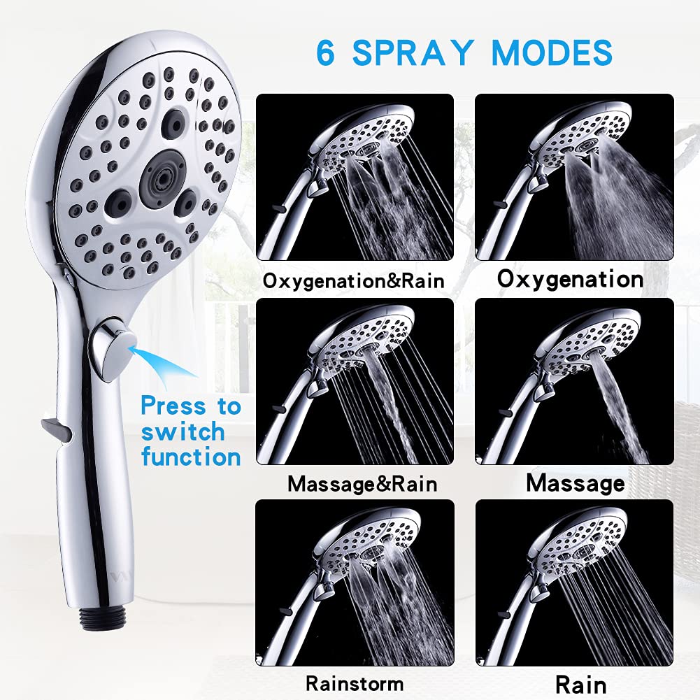 VXV Bathroom Handheld Shower Head with on off Switch, 6 Spray Setting Removable Hand Held Showerheads