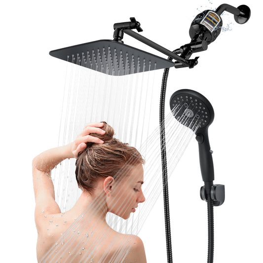 VXV 8'' Dual 20 Stage Filtered Shower Head with Handheld, 6 Spray Settings Handheld Shower Head High Pressure Rainfall Filter Combo with 12'' Adjustable Extension Arm, 71'' Shower Hose (Matte Black)