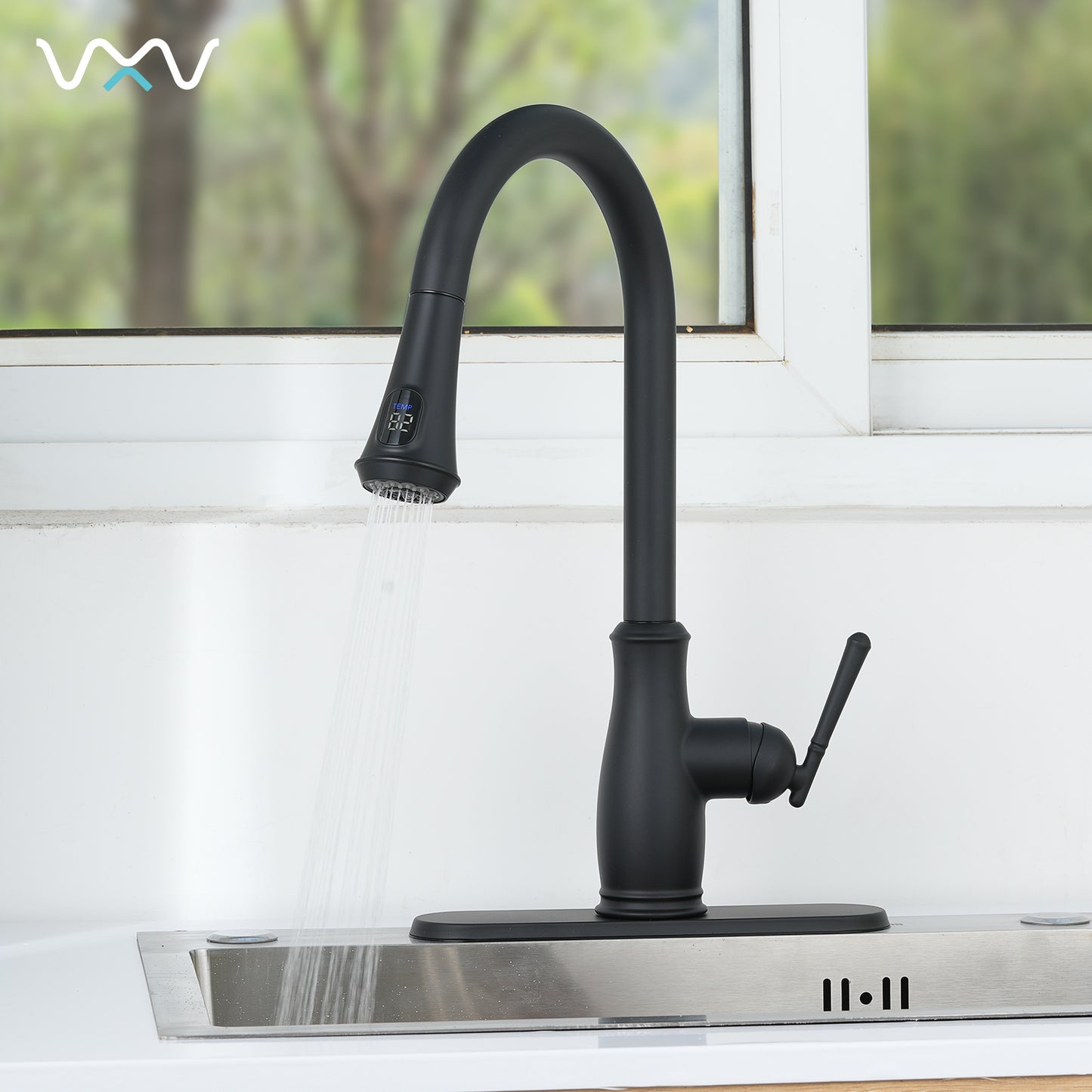 VXV Kitchen Faucet with Pull Down Sprayer, 18 Inch Single Handle High Arc LED Aerator Stainless Steel Commercial Kitchen Sink Faucets with Deck Plate Matte Black