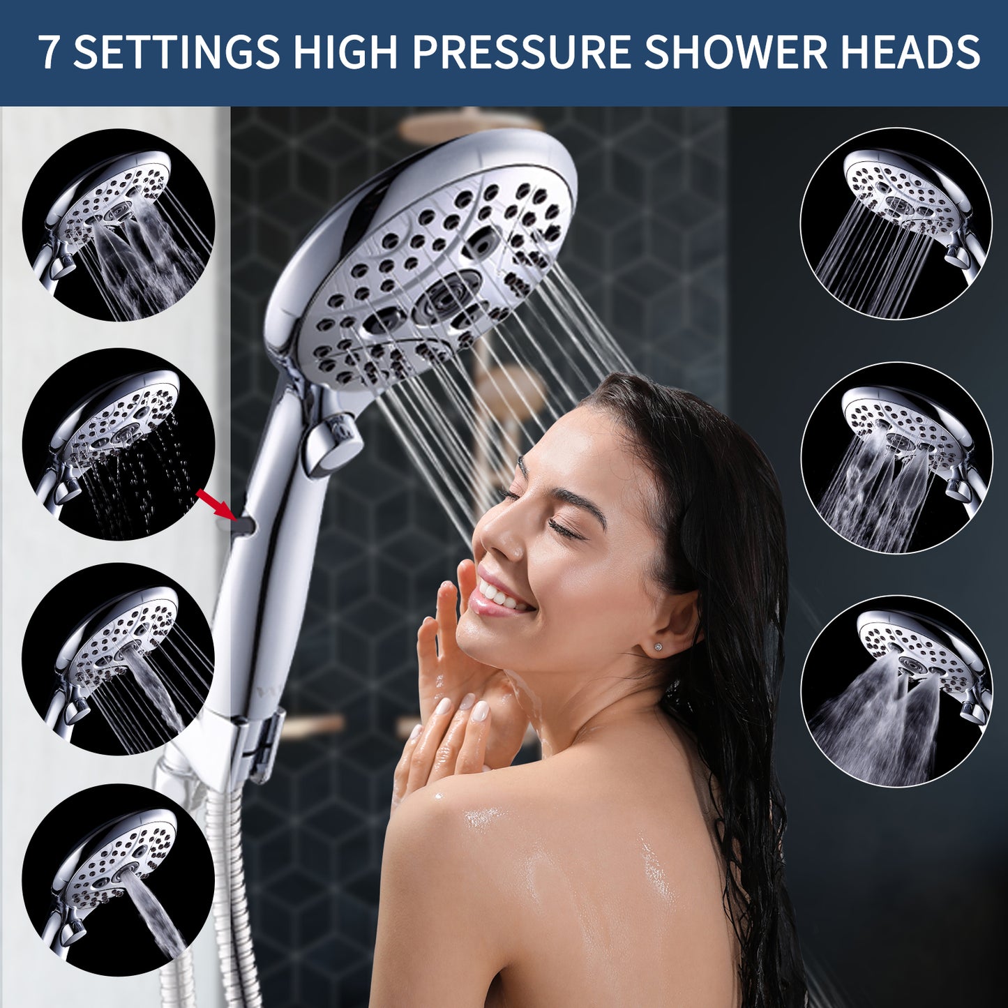 VXV Rain Shower Head, 8'' High Pressure Rain Shower head with 6 Function Handheld Shower Spray, Dual Shower Head Combo with Adjustable Slide Bar / long chrome Hose