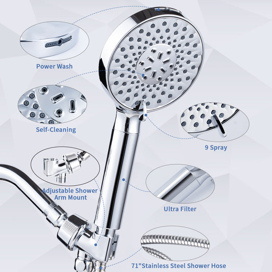 VXV Filtered Shower Head, 9 Modes High Pressure Shower Head with Handheld, with 71" Shower Hose & Adjustable Bracket Filter Shower Head, Remove Chlorine & Hard Water, Chrome