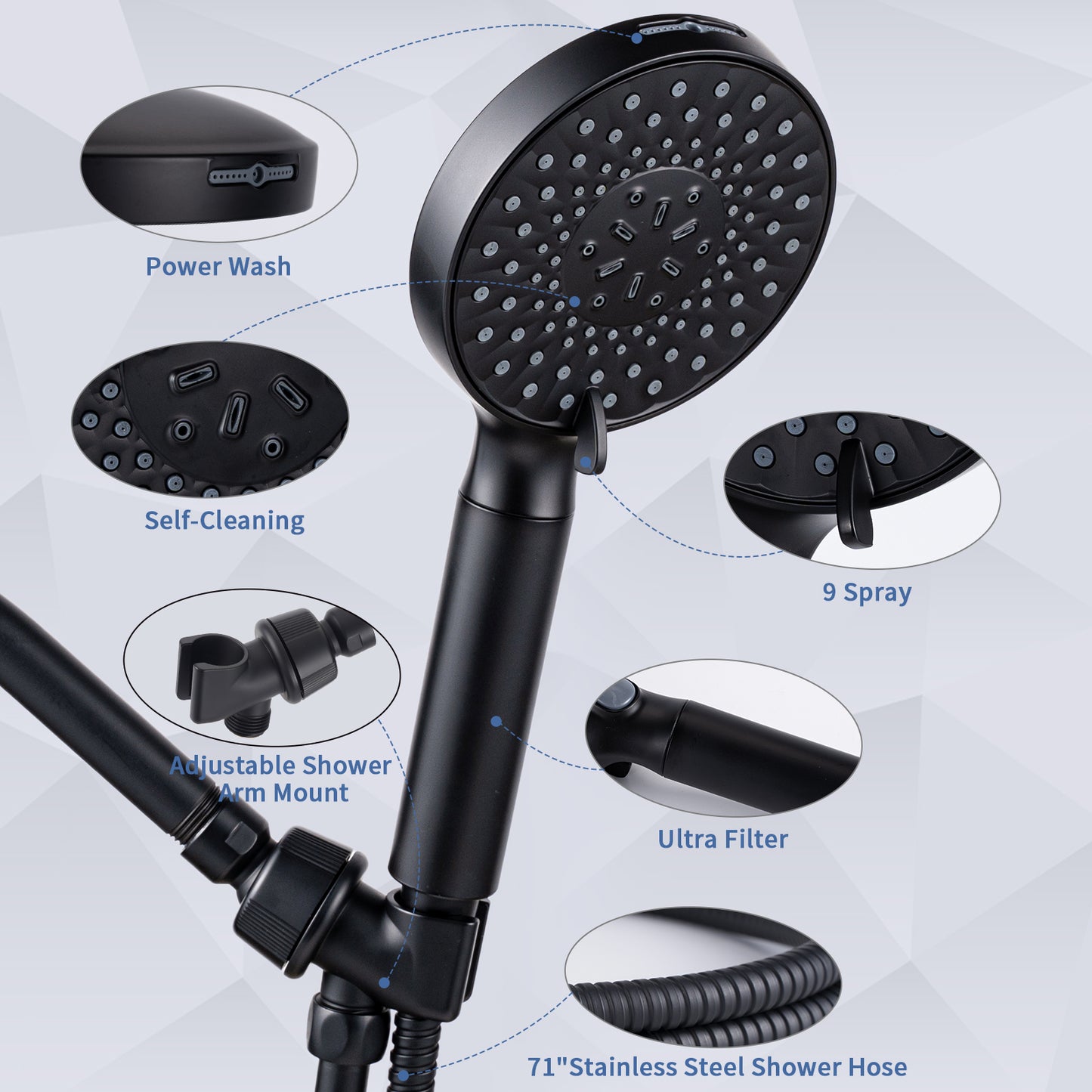 VXV Filtered Shower Head, 9 Modes High Pressure Shower Head with Handheld, with 71" Shower Hose & Adjustable Bracket Filter Shower Head, Remove Chlorine & Hard Water, Matte Black