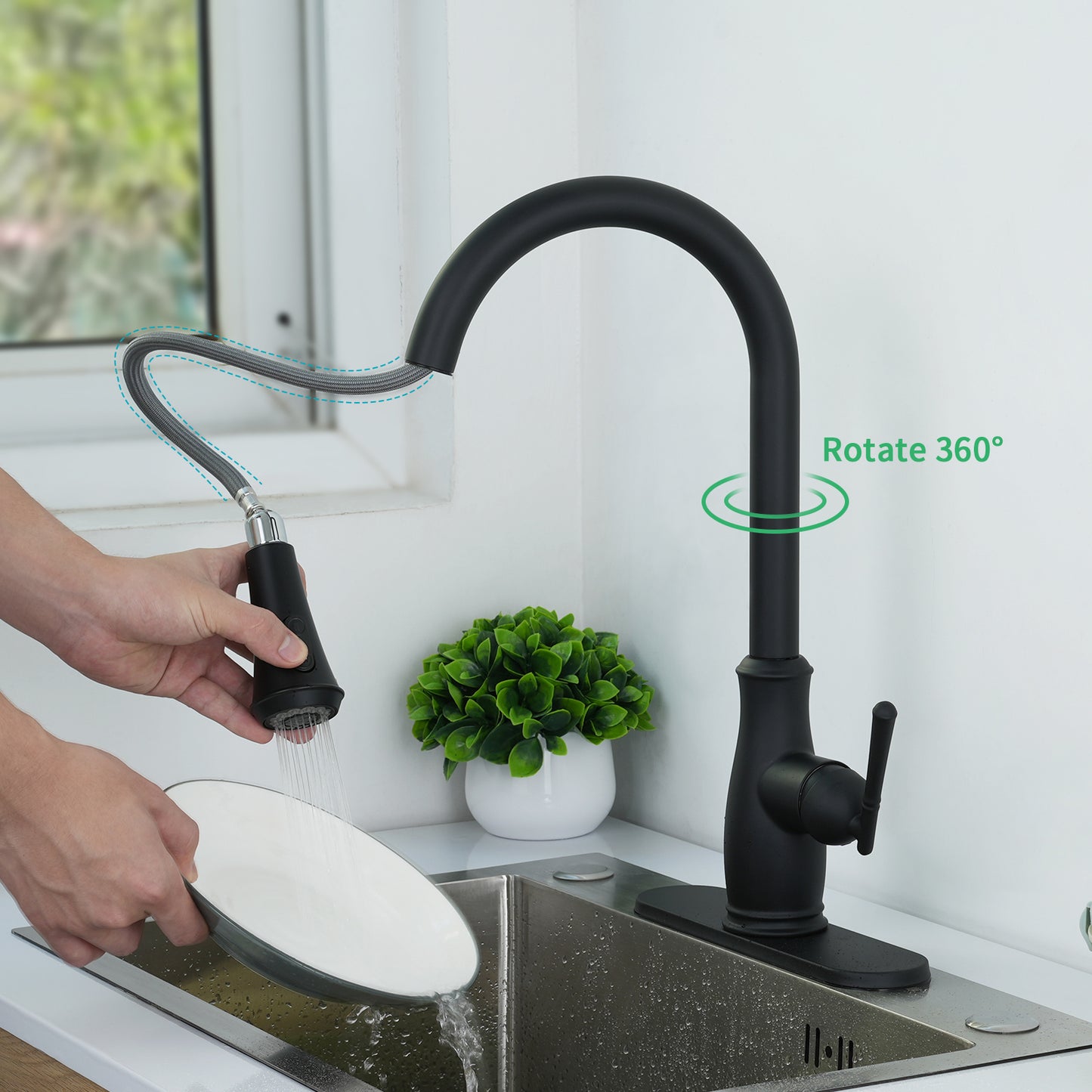 VXV Kitchen Faucet with Pull Down Sprayer, 18 Inch Single Handle High Arc LED Aerator Stainless Steel Commercial Kitchen Sink Faucets with Deck Plate Matte Black