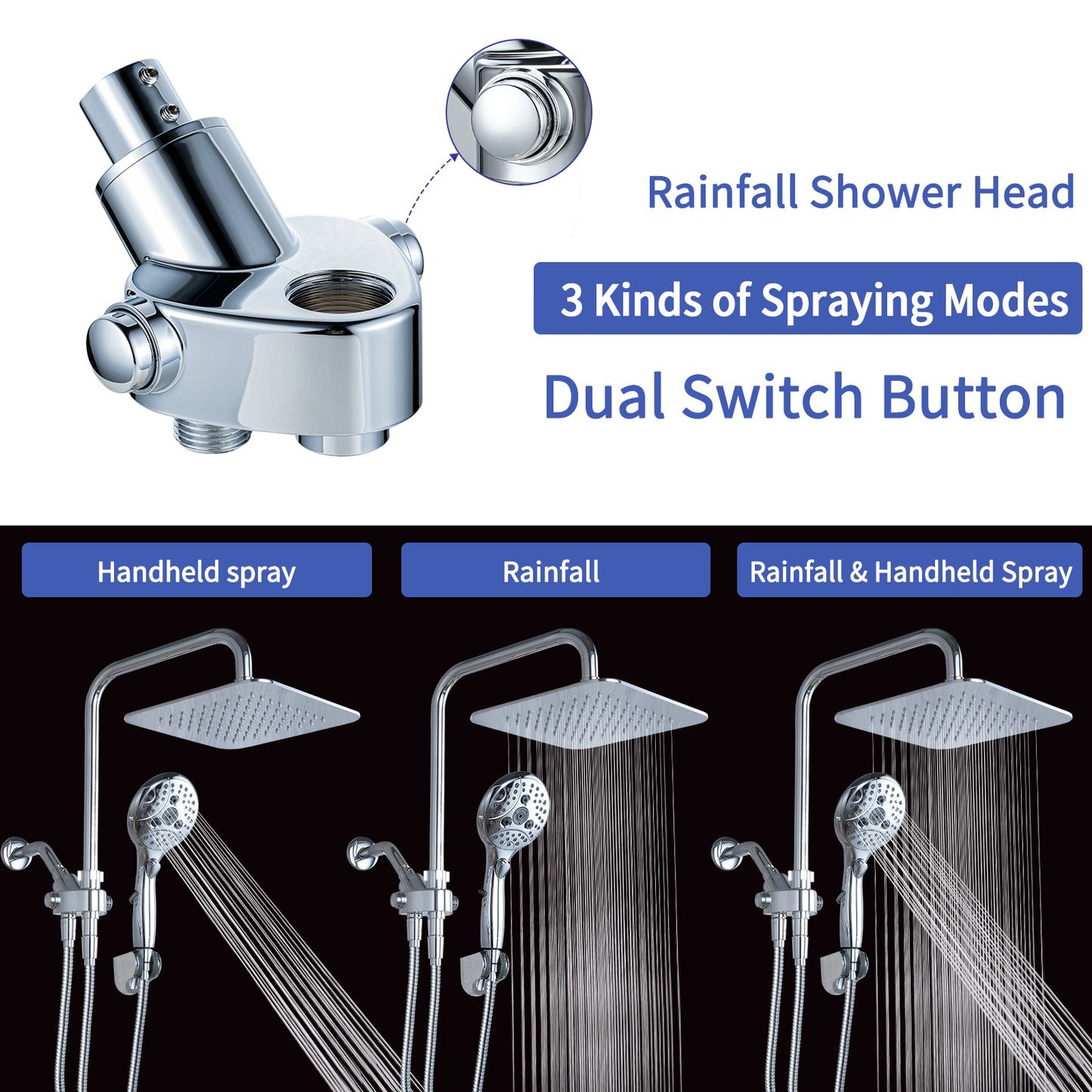 VXV Rain Shower Head, 8'' High Pressure Rain Shower head with 6 Function Handheld Shower Spray, Dual Shower Head Combo with Adjustable Slide Bar / long chrome Hose