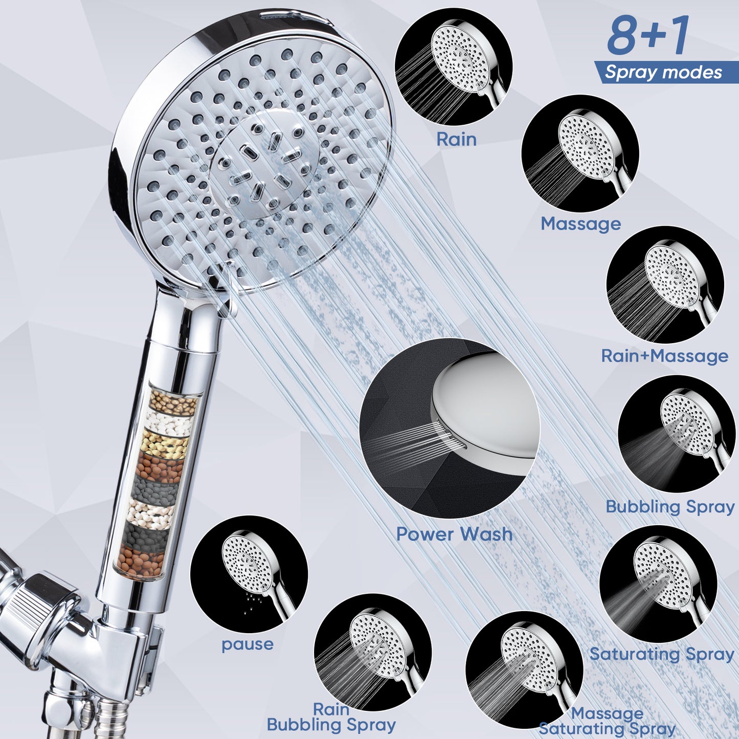 VXV Filtered Shower Head, 9 Modes High Pressure Shower Head with Handheld, with 71" Shower Hose & Adjustable Bracket Filter Shower Head, Remove Chlorine & Hard Water, Chrome