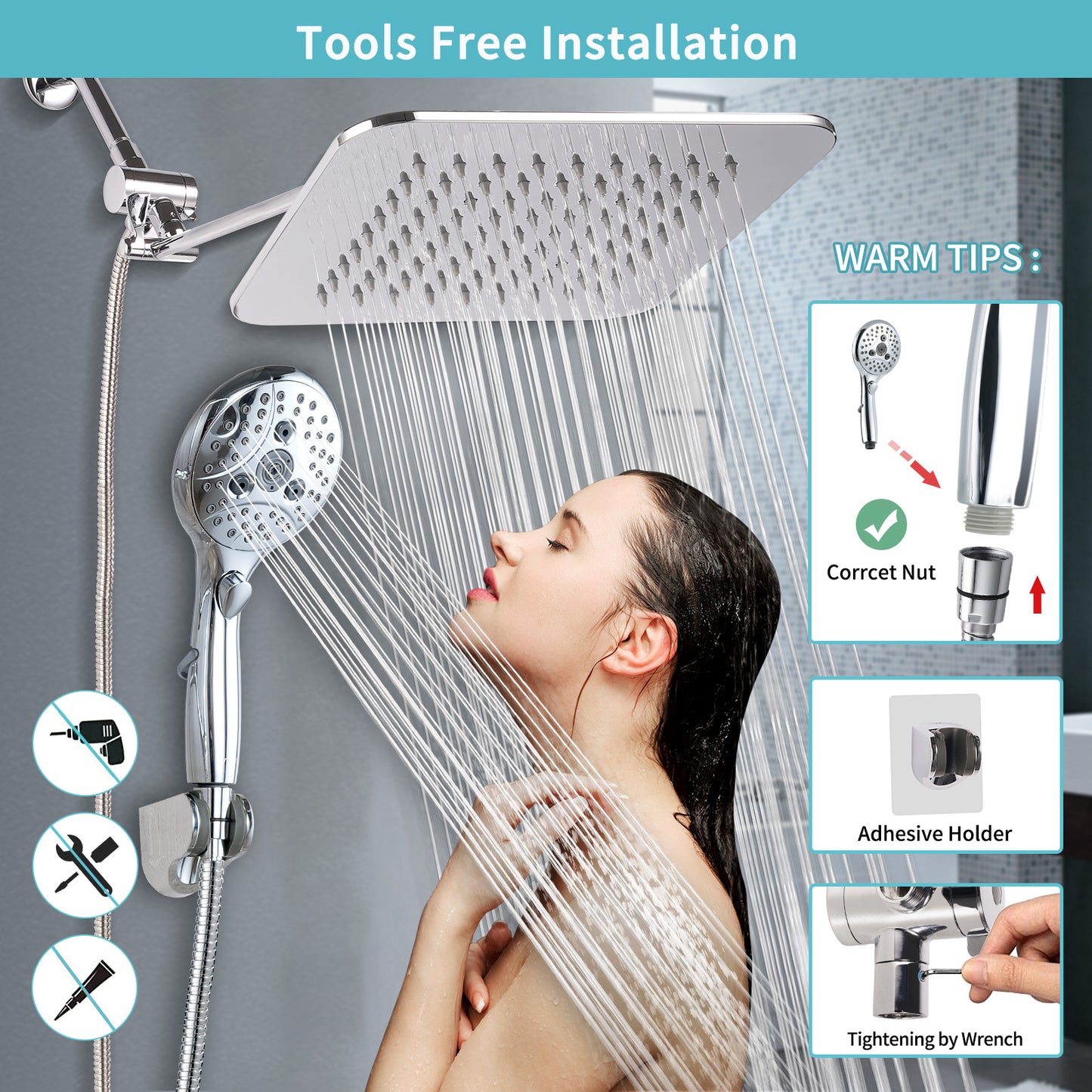 Shower Head, 10 High Pressure Rainfall Shower Head with 11 Adjustable  Extension Arm and 9 Settings Handheld Showerhead Combo with Holder