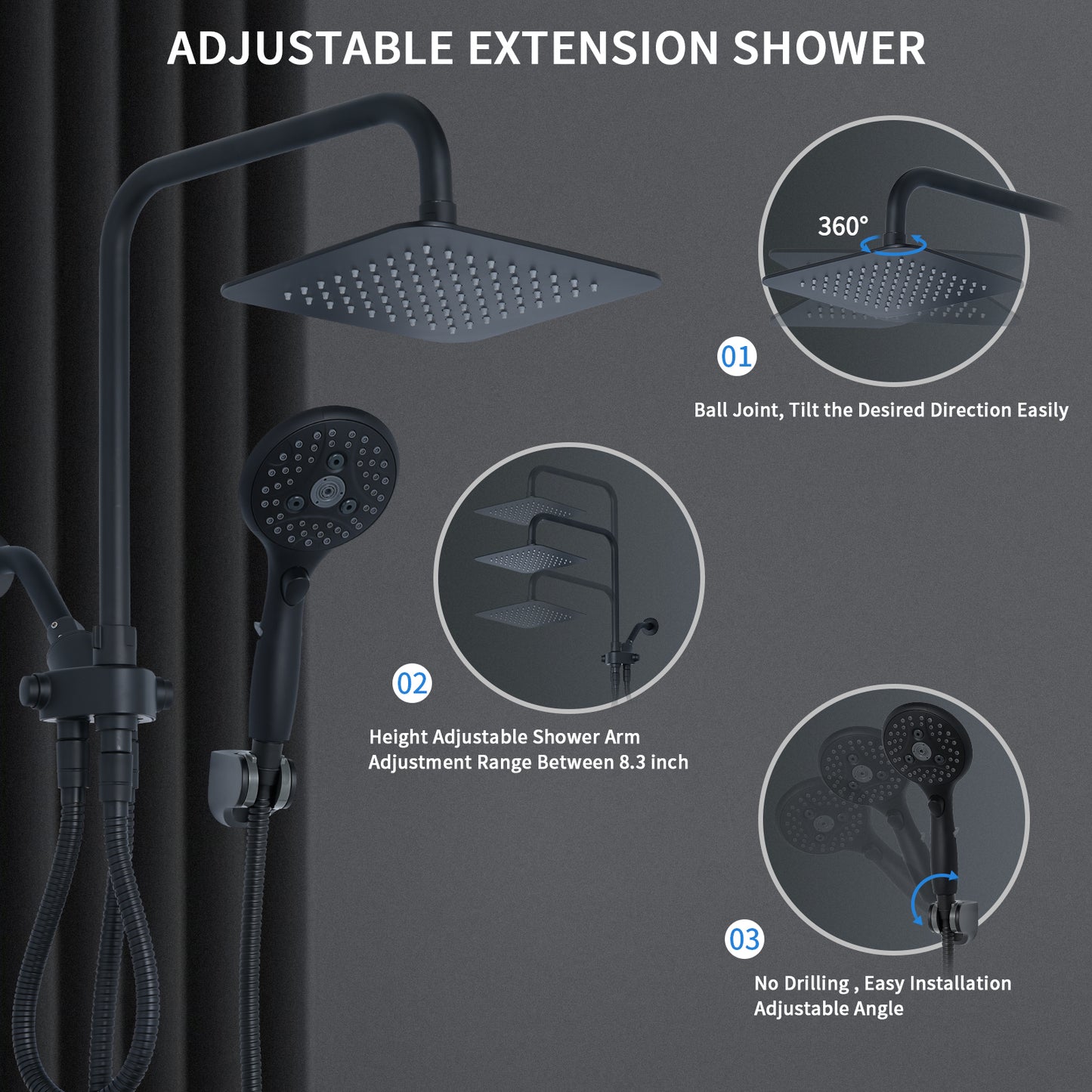 VXV Shower Head 8" Rain Shower Head with Handheld Spray Combo 6 Settings, High Pressure Shower Heads, 71" Shower Hose