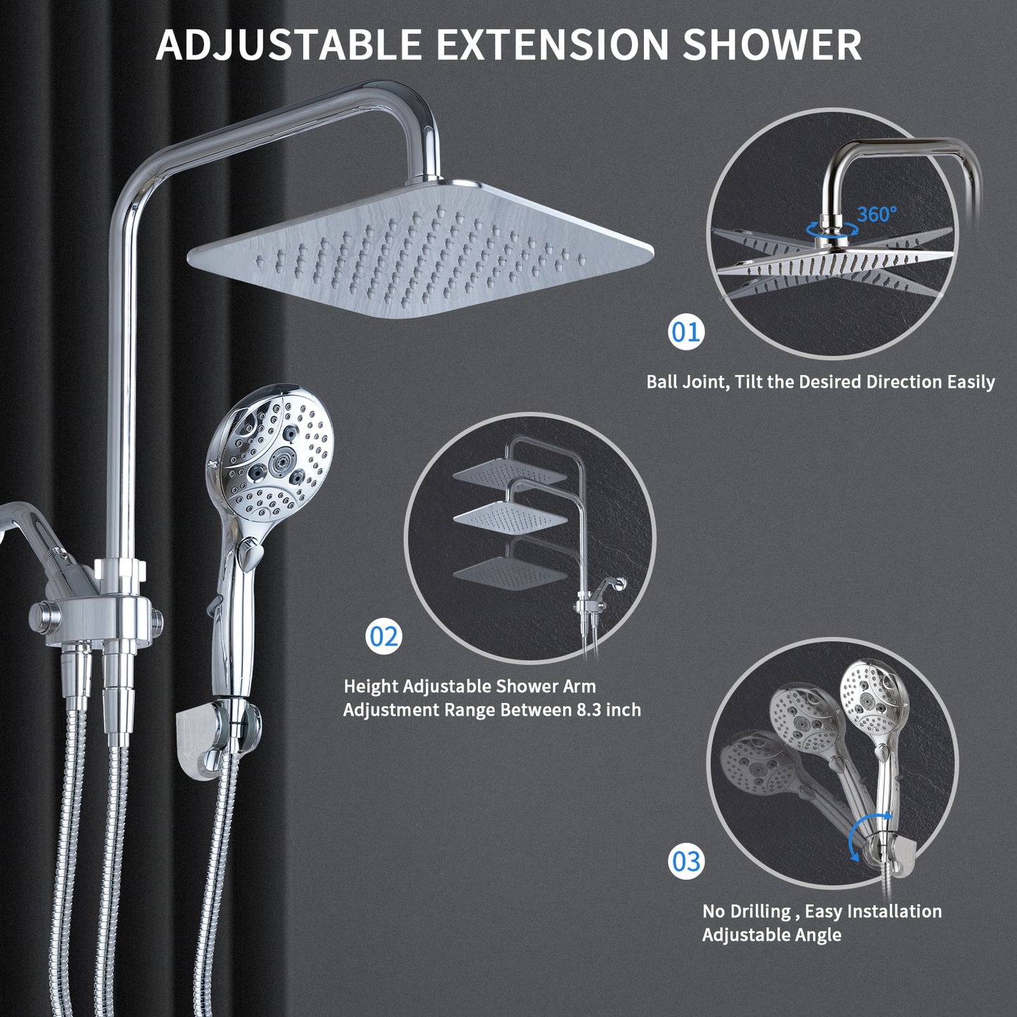 VXV Shower Head 8" Rain Shower Head with Handheld Spray Combo 6 Settings, High Pressure Shower Heads, 71" Shower Hose