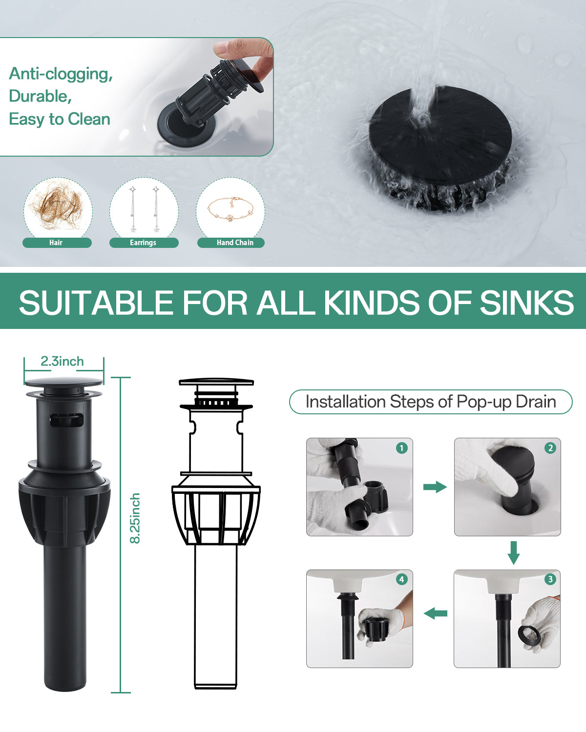 VXV Bathroom Faucet Matte Black, 2 Handles Low Arc Bathroom Sink Faucets, 4 Inch Centerset Bath Lavatory Faucets with Pop-up Drain & Faucet Supply Lines (MB)