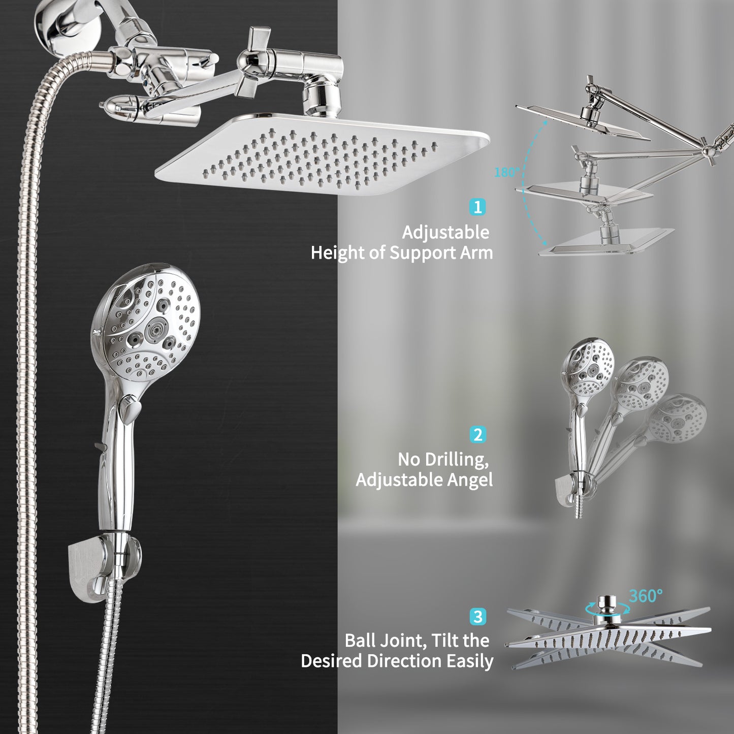 VXV 10" Rain Shower Head with Handheld Spray Combo, 6+1 Setting shower Head, 11" Extension Arm Height Adjustable, High Pressure Shower Heads, Chrome