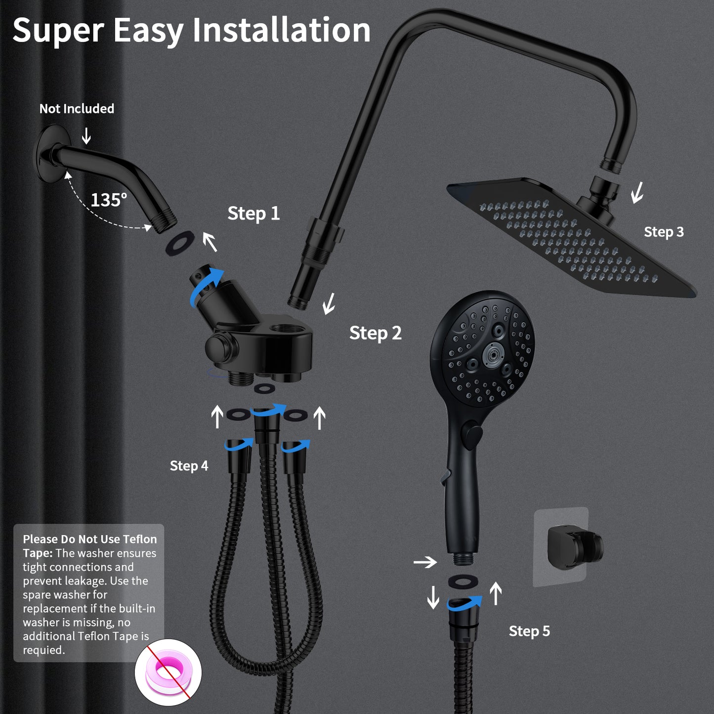 VXV Shower Head 8" Rain Shower Head with Handheld Spray Combo 6 Settings, High Pressure Shower Heads, 71" Shower Hose