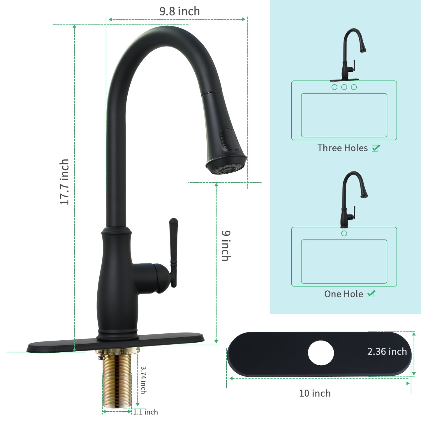 VXV Kitchen Faucet with Pull Down Sprayer, 18 Inch Single Handle High Arc LED Aerator Stainless Steel Commercial Kitchen Sink Faucets with Deck Plate Matte Black