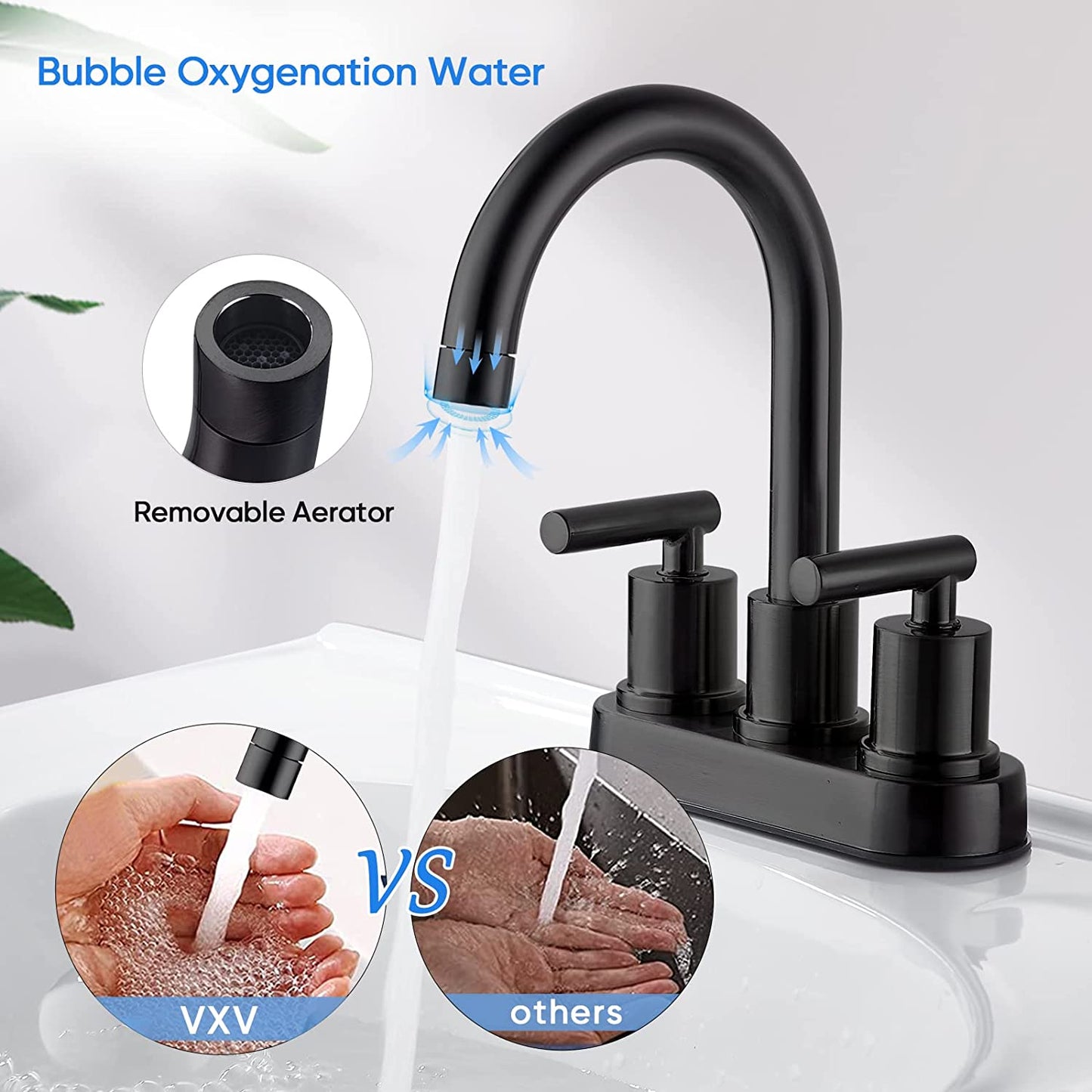 VXV Bathroom Sink Faucet 4 Inch 2 Handle Centerset Lavatory Vanity Faucet Modern 360 Rotating Black Bathtub Water Tub Faucet with Pop-up Drain Stopper Assembly and Supply Lines Fit 2 or 3 Hole