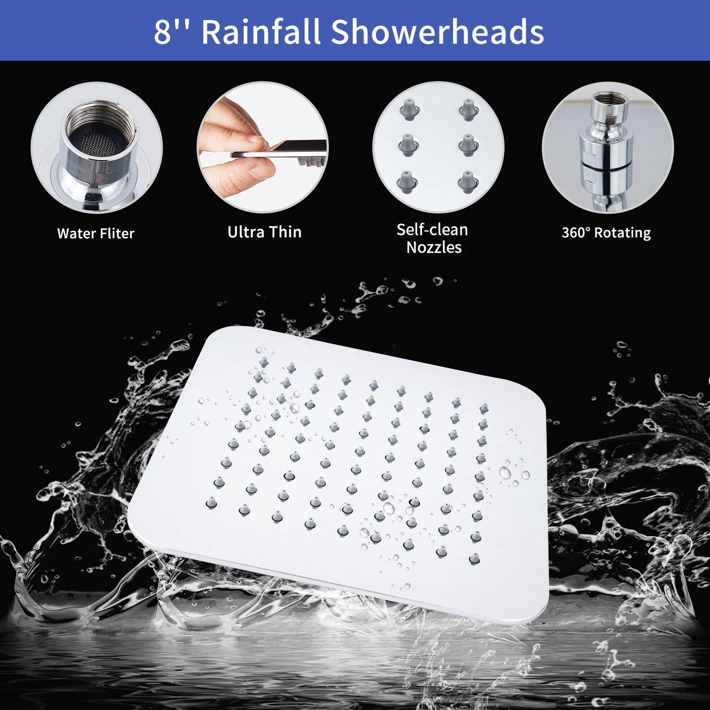 VXV Rain Shower Head, 8'' High Pressure Rain Shower head with 6 Function Handheld Shower Spray, Dual Shower Head Combo with Adjustable Slide Bar / long chrome Hose