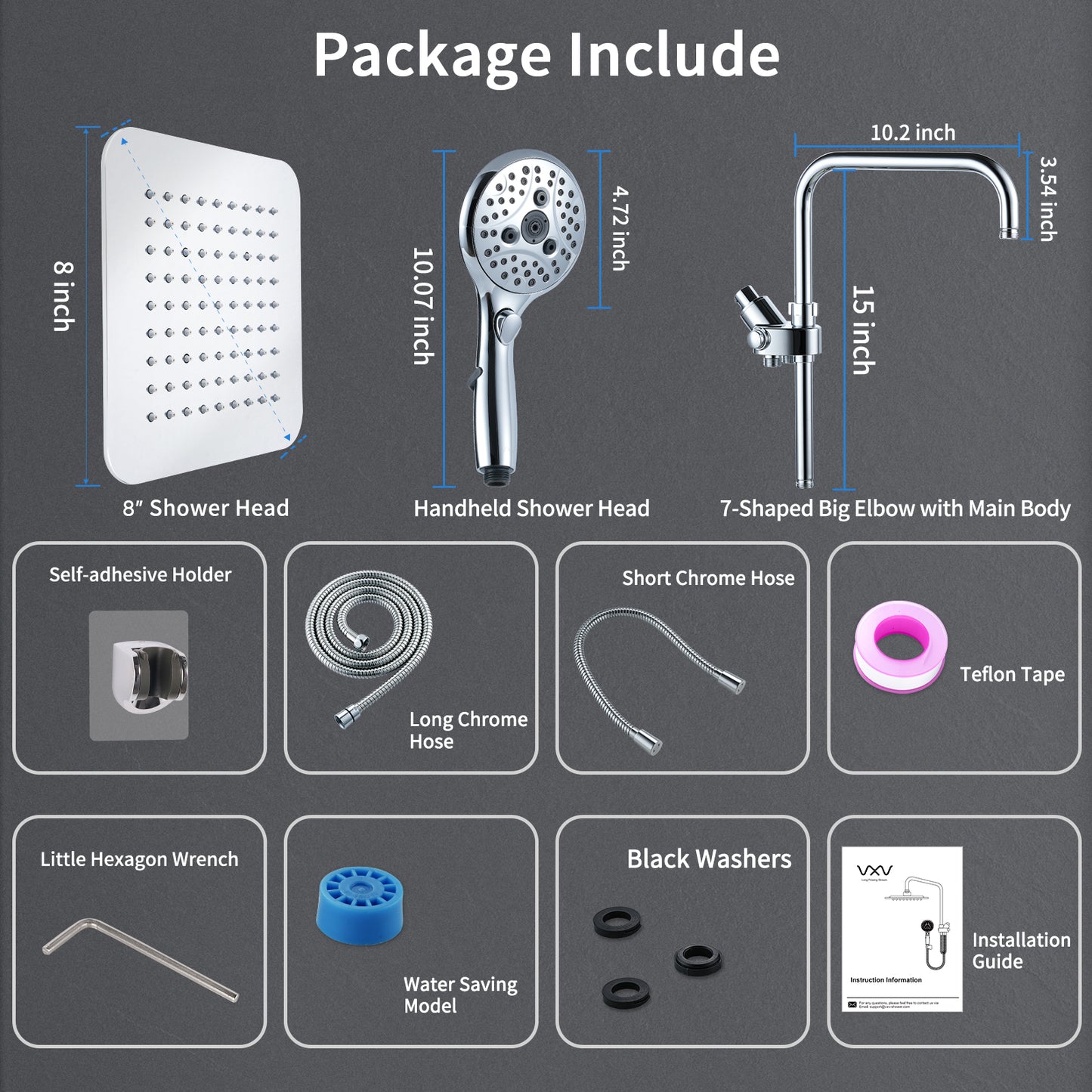 VXV Shower Head 8" Rain Shower Head with Handheld Spray Combo 6 Settings, High Pressure Shower Heads, 71" Shower Hose