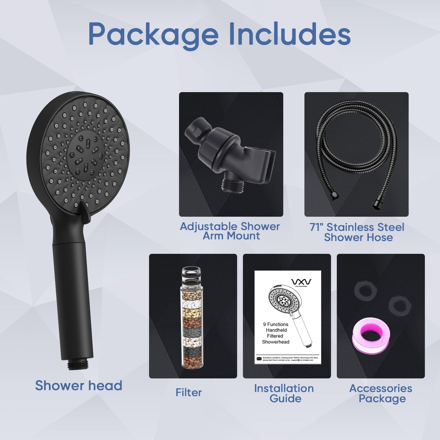 VXV Filtered Shower Head, 9 Modes High Pressure Shower Head with Handheld, with 71" Shower Hose & Adjustable Bracket Filter Shower Head, Remove Chlorine & Hard Water, Matte Black