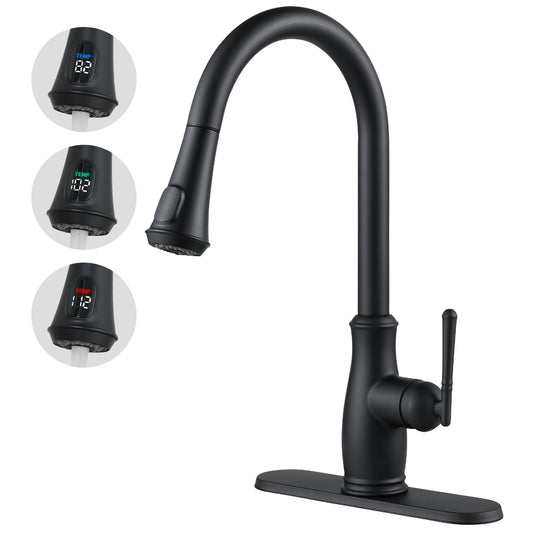 VXV Kitchen Faucet with Pull Down Sprayer, 18 Inch Single Handle High Arc LED Aerator Stainless Steel Commercial Kitchen Sink Faucets with Deck Plate Matte Black