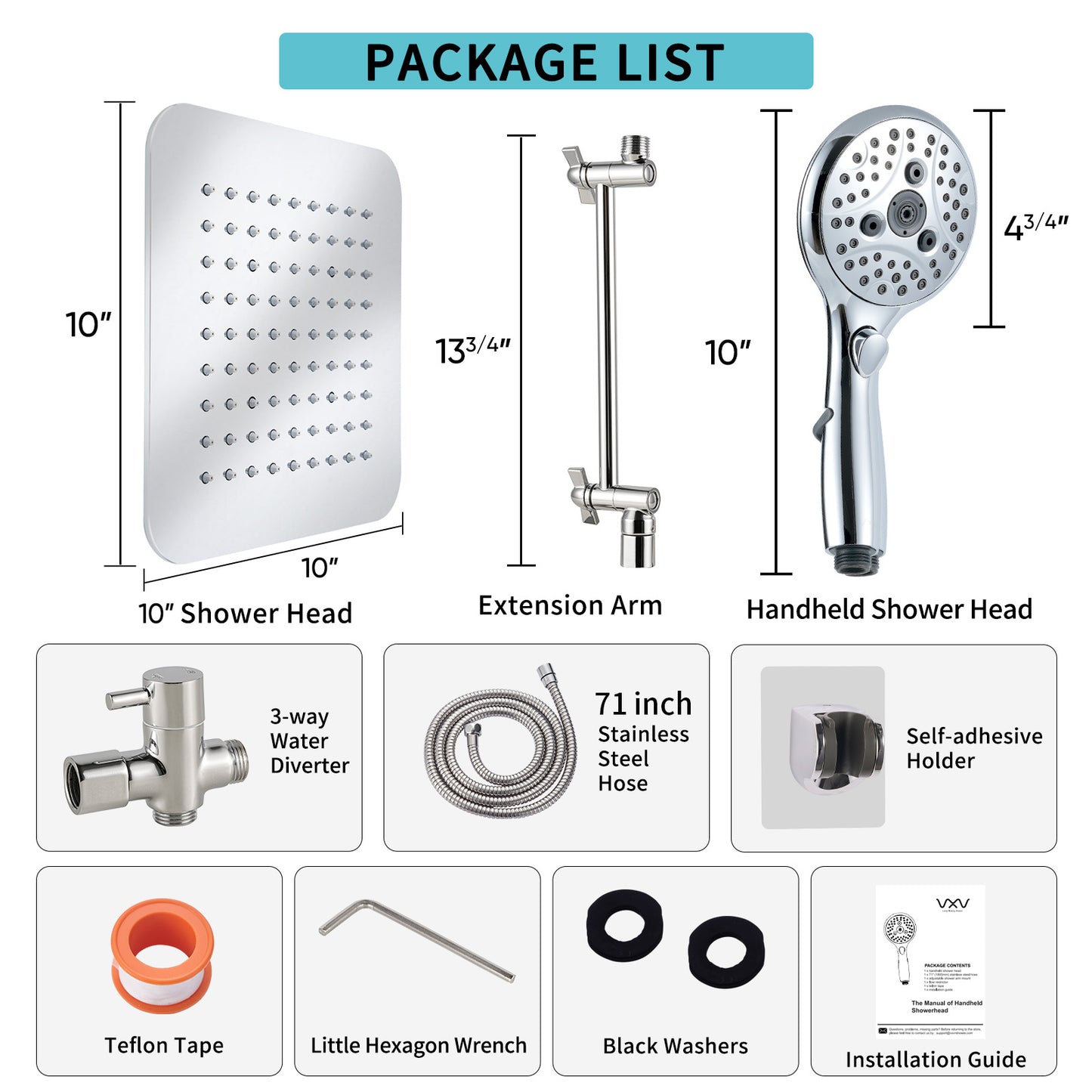 VXV 10" Rain Shower Head with Handheld Spray Combo, 6+1 Setting shower Head, 11" Extension Arm Height Adjustable, High Pressure Shower Heads, Chrome