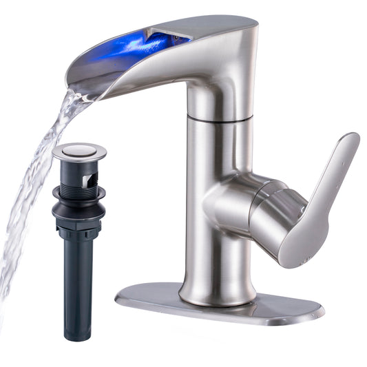 VXV Waterfall Faucet for Bathroom Sink,LED 3 Colors Changing Waterfall Channel Spout Basin Faucet,Single Handle One Hole Modern Vessel Vanity Faucets with Pop Up Drain and Hose