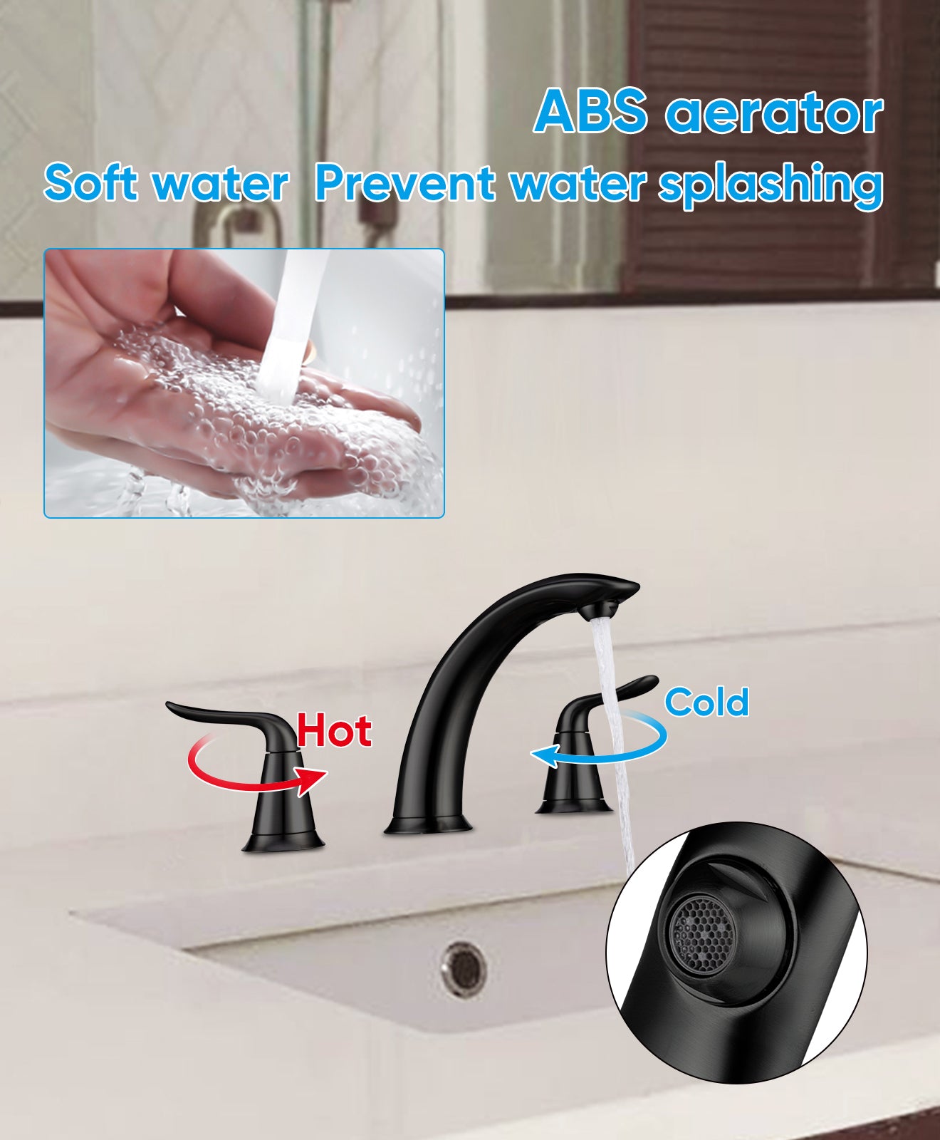 VXV Black Bathroom Faucet 3 Hole, 8 inch Widespread Bathroom Sink Faucet, with Pop Up Drain, 2 Handle Modern Style Vessel Basin Faucet