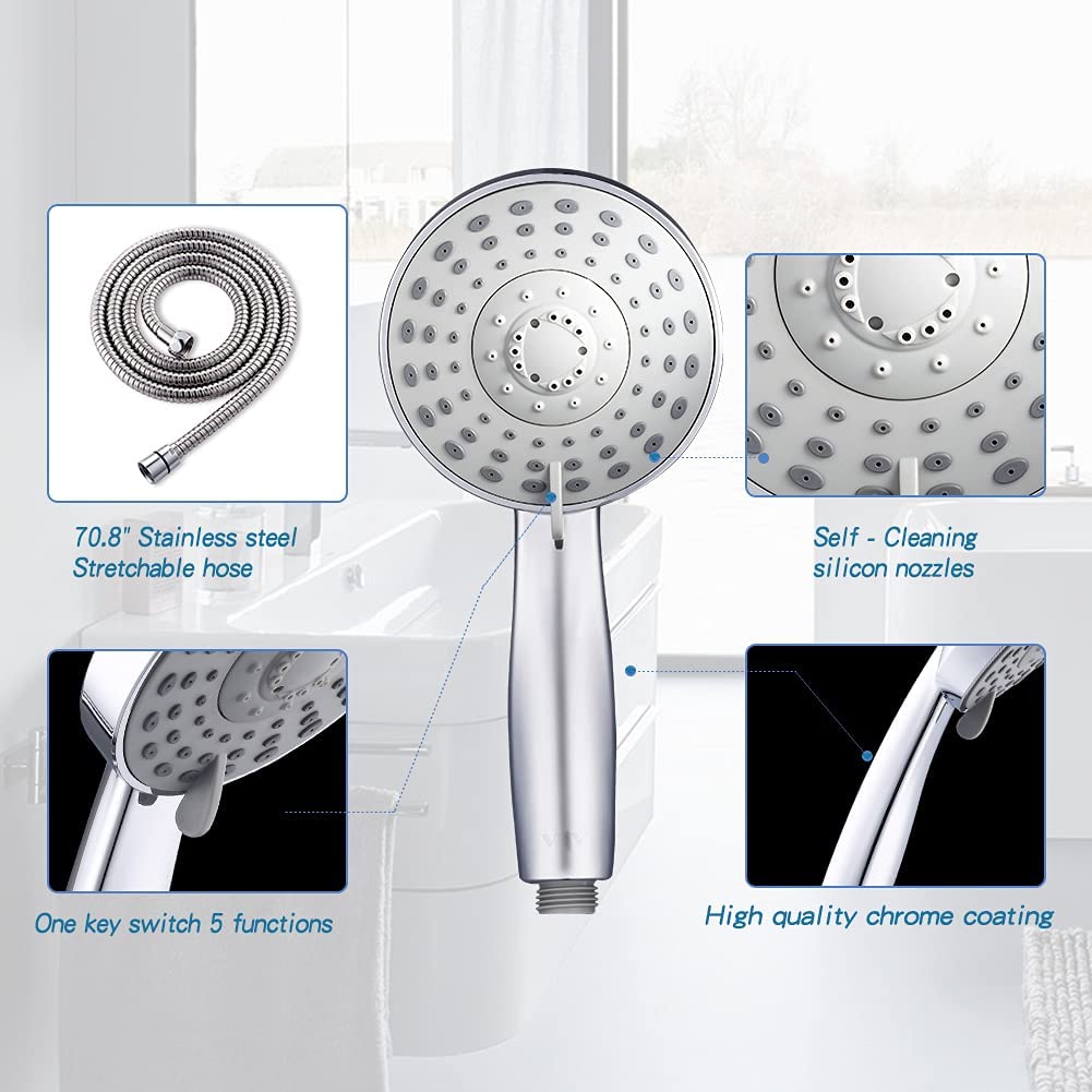 VXV Shower Head with Handheld High Pressure, Hand Held Showerhead, with 6ft Hose, Removable Detachable Shower Heads 5 Sprays Setting, Bracket, Teflon Tape, Rubber Washers