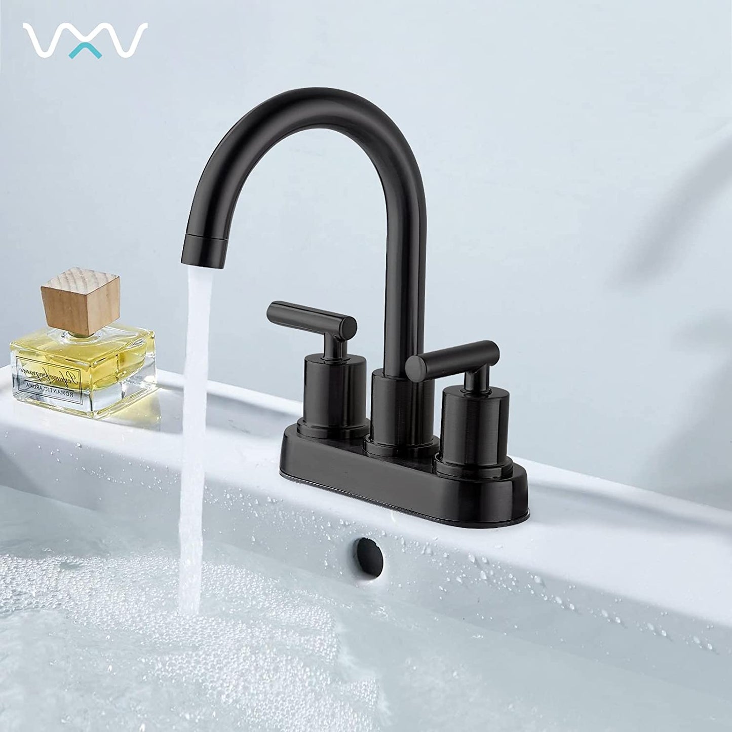 VXV Bathroom Sink Faucet 4 Inch 2 Handle Centerset Utility Lavatory Vanity Faucet Modern 360 Rotating Black Bathtub Water Tub Faucet with Pop-up Drain Stopper Assembly and Supply Lines Fit 2 or 3 Hole