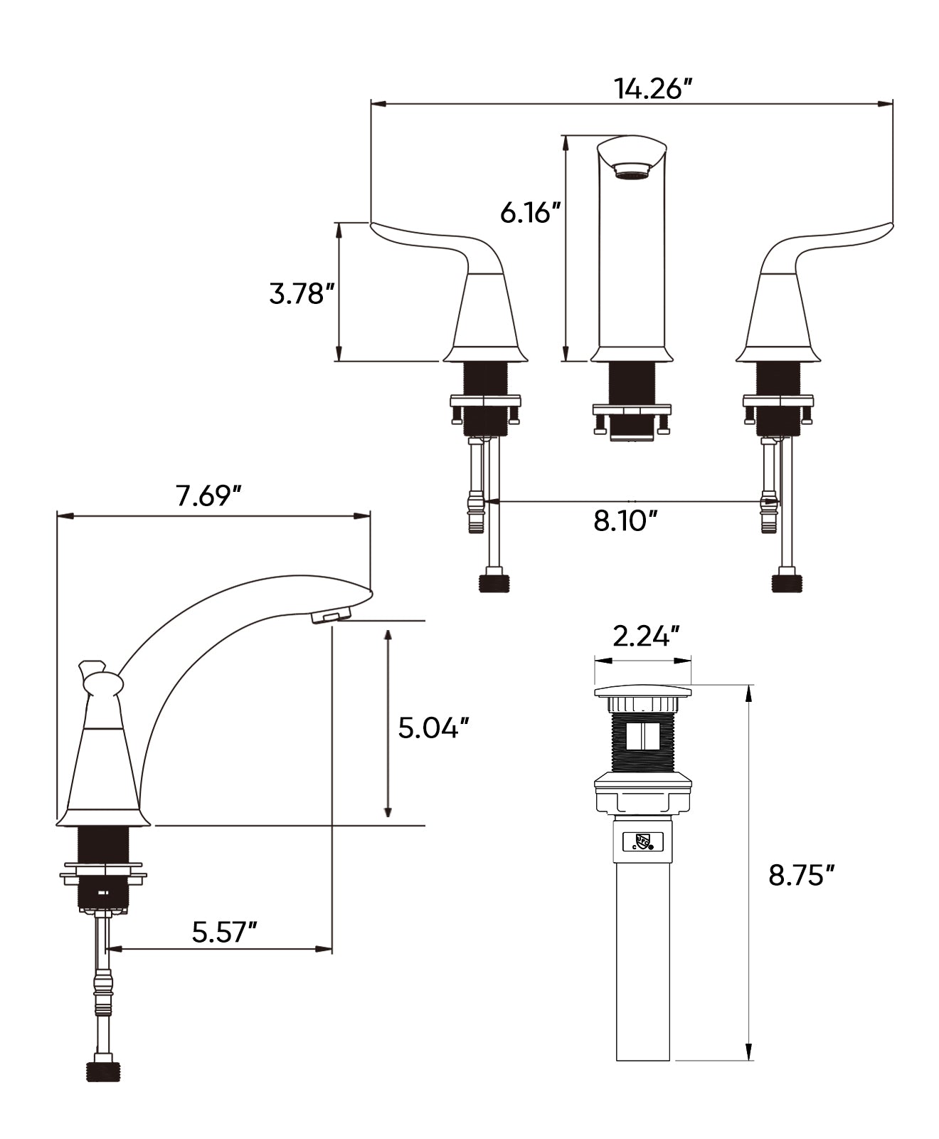VXV Black Bathroom Faucet 3 Hole, 8 inch Widespread Bathroom Sink Faucet, with Pop Up Drain, 2 Handle Modern Style Vessel Basin Faucet