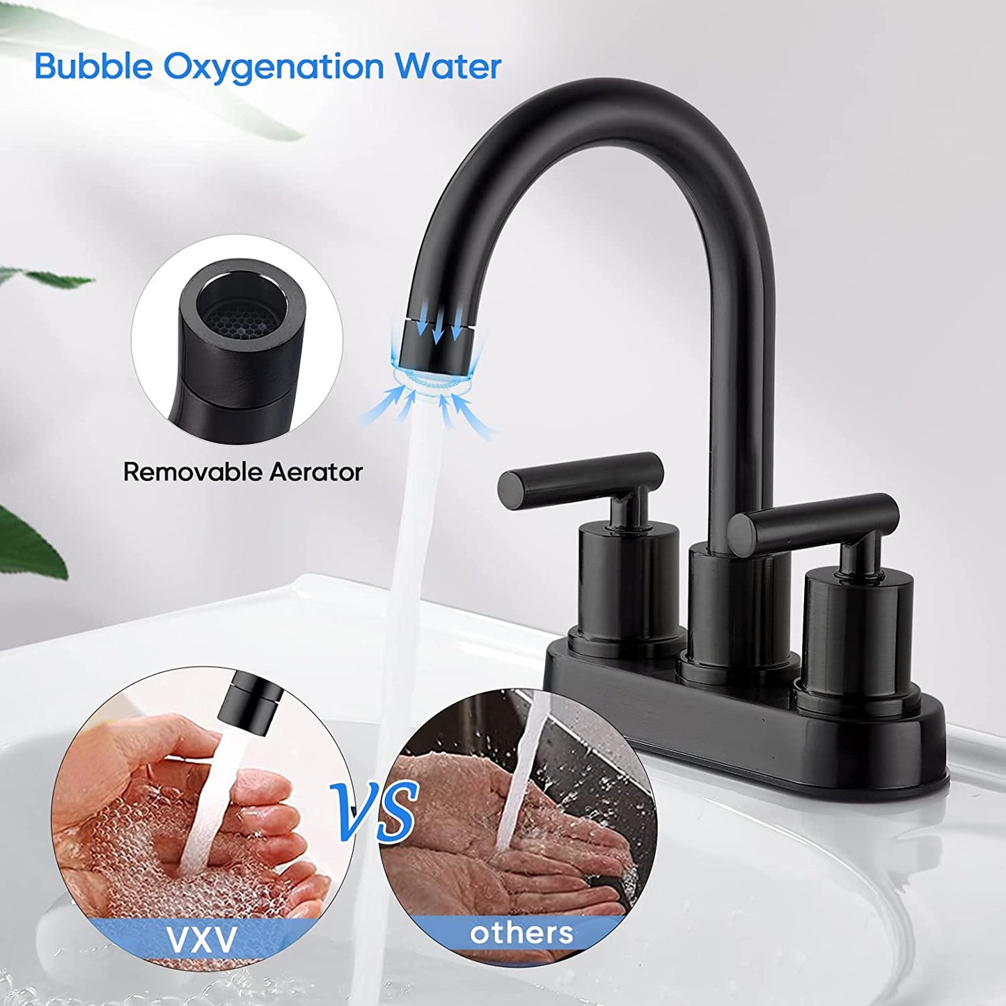 VXV Bathroom Sink Faucet 4 Inch 2 Handle Centerset Utility Lavatory Vanity Faucet Modern 360 Rotating Black Bathtub Water Tub Faucet with Pop-up Drain Stopper Assembly and Supply Lines Fit 2 or 3 Hole